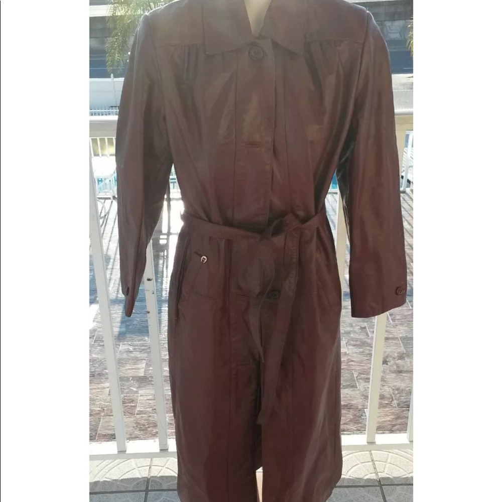 Etienne aigner oxblood leather trench coat sz 14